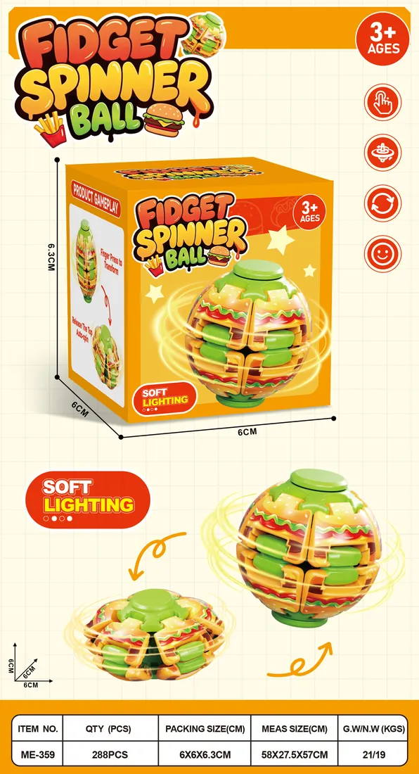 Burger-theme push spinner ball ME-359 in color box